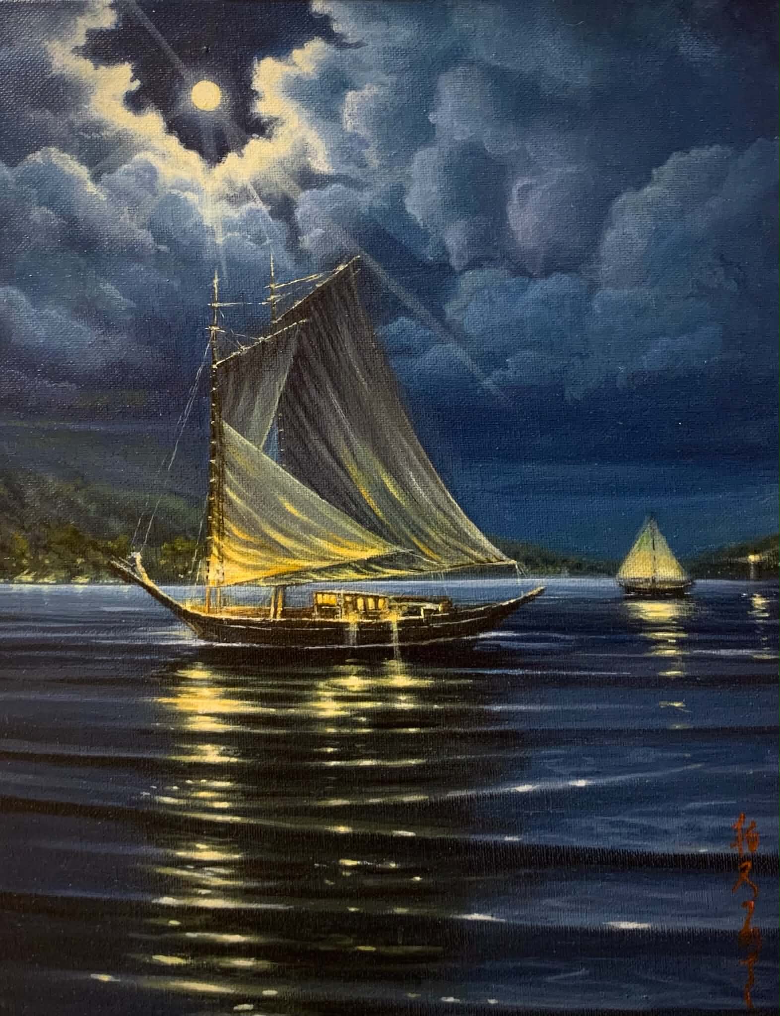 Oil and acrylic painting of a sailboat beneath moonlit clouds, 2026